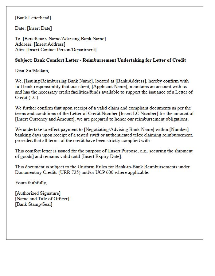 Reimbursement Bank Comfort Letter for Letters of Credit