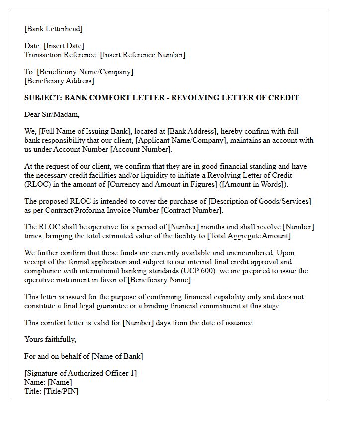 Revolving Letter of Credit Bank Comfort Letter