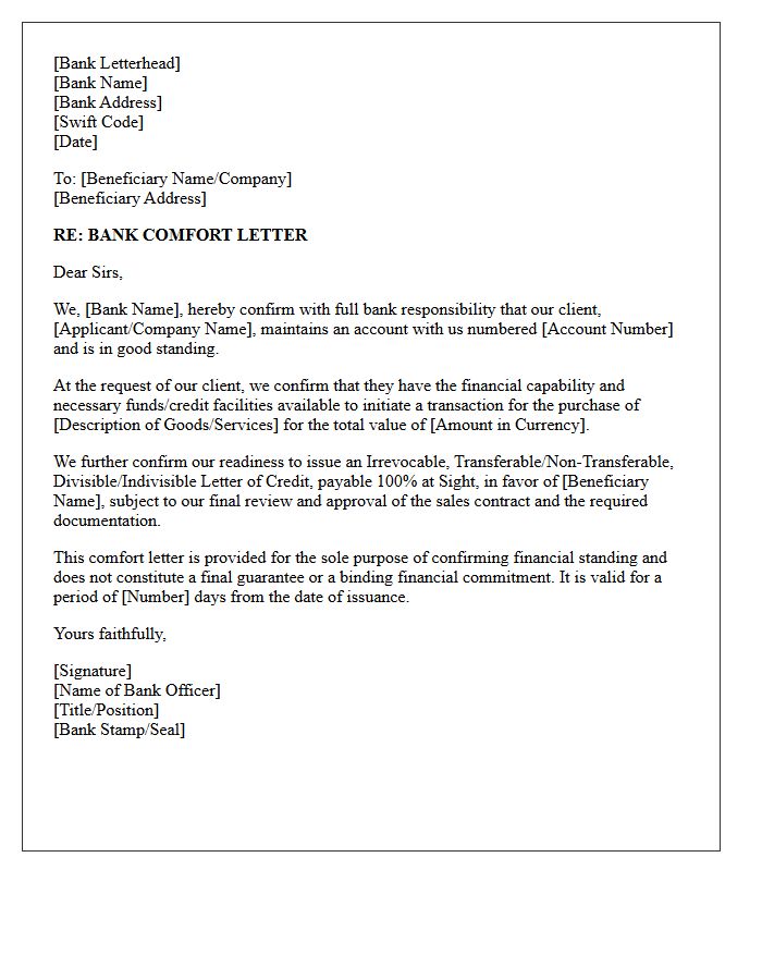 Sight Payment Letter of Credit Bank Comfort Letter