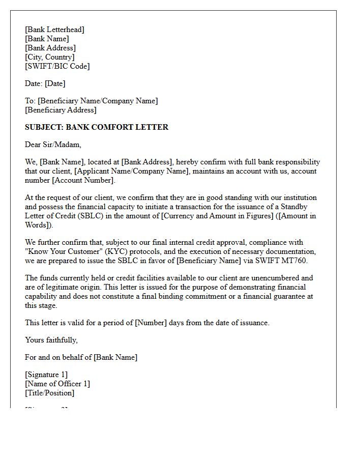 Standby Letter of Credit Bank Comfort Letter