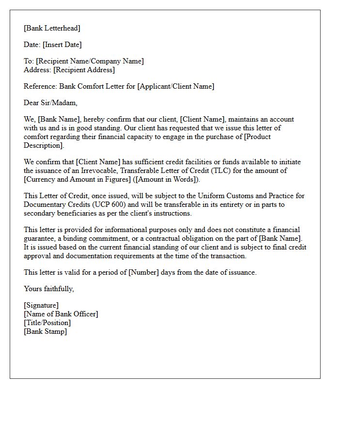 Transferable Letter of Credit Bank Comfort Letter