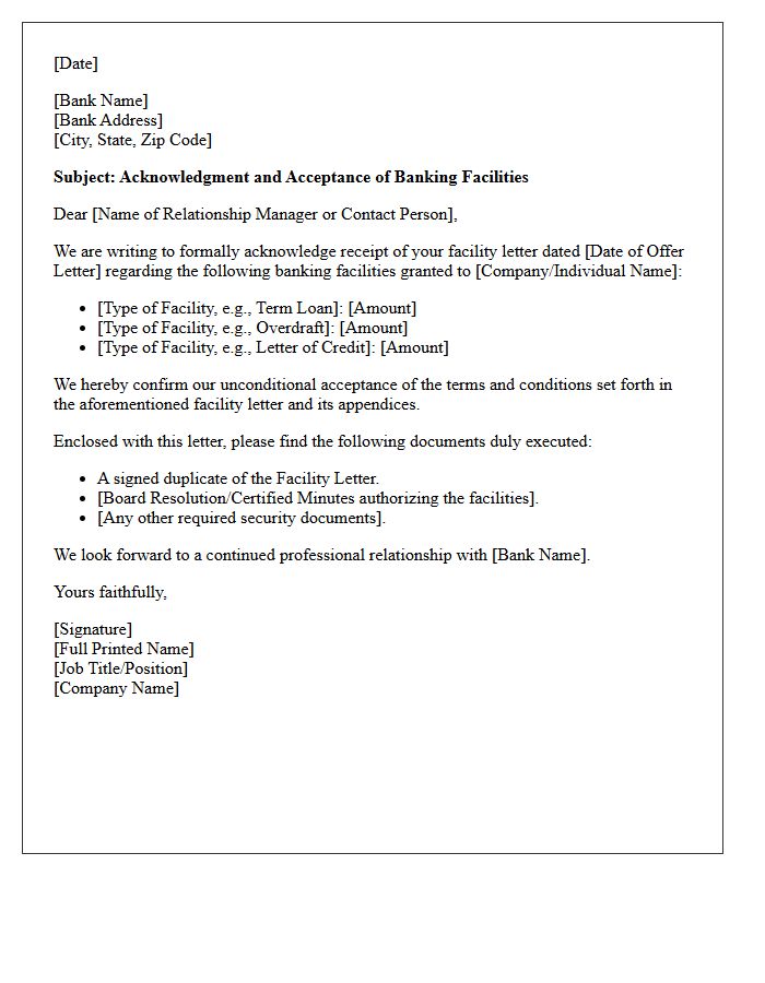 Acknowledgment of Banking Facilities Within the Letter