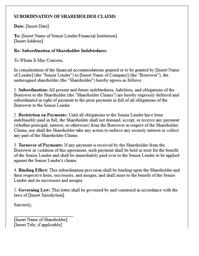 Subordination of Shareholder Claims Letter Provision