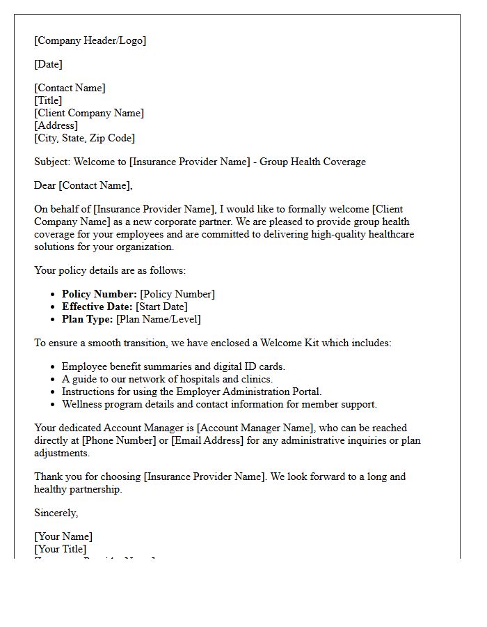 Corporate Client Welcome Letter for Group Health Coverage