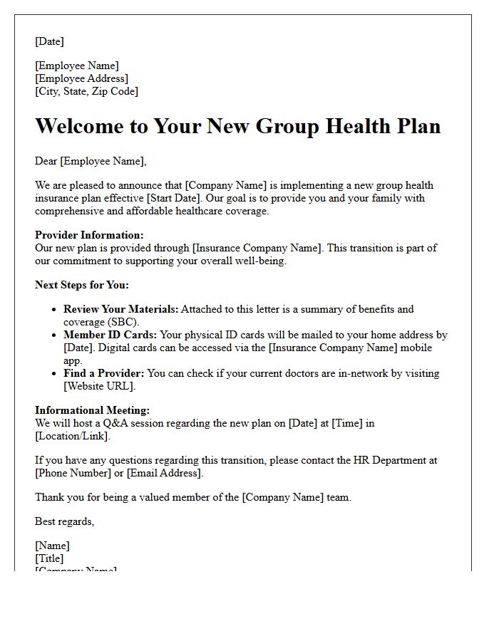 Group Health Plan Implementation Welcome Letter