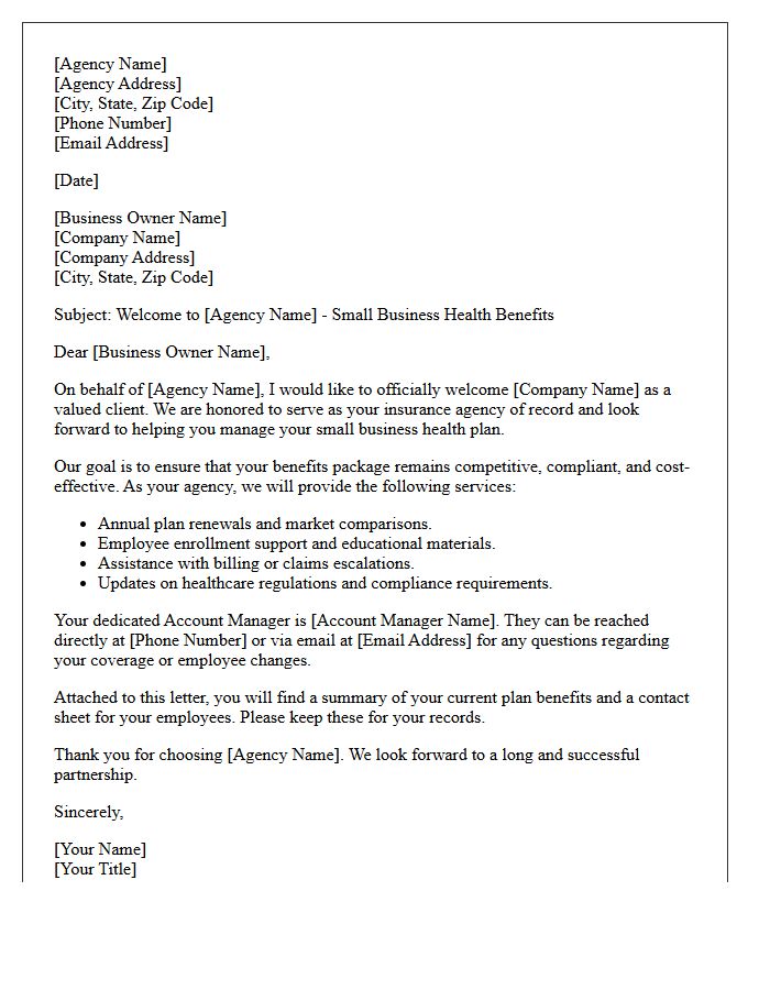 Official Agency Welcome Letter for Small Business Health Plans