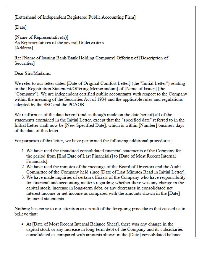 Bring-Down Comfort Letter for Underwriters in Bank Offerings