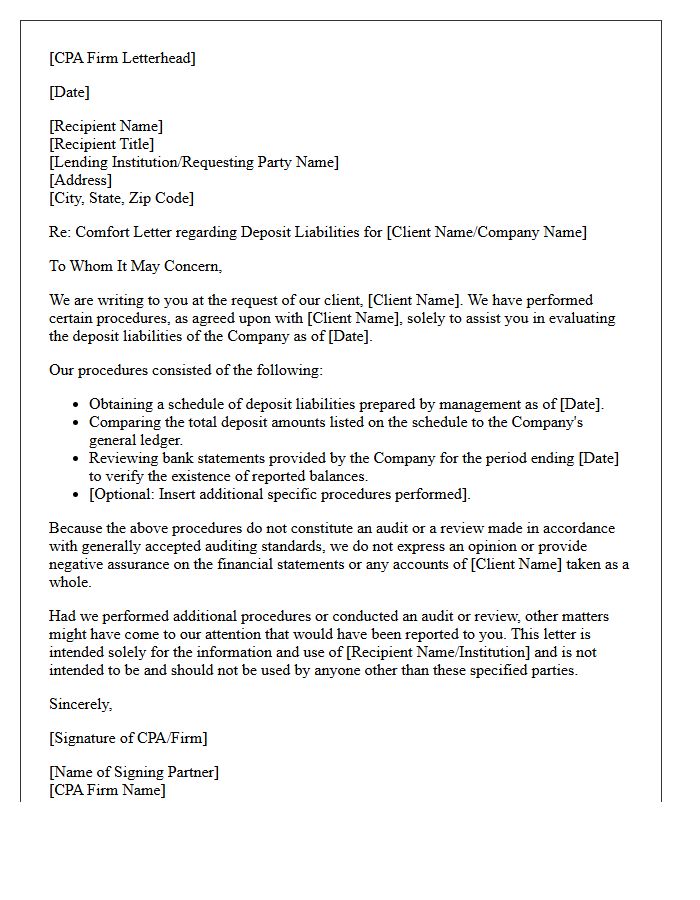 Certified Public Accountant Comfort Letter on Deposit Liabilities