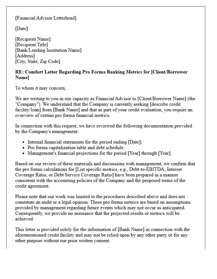 Financial Advisor Comfort Letter on Pro Forma Banking Metrics