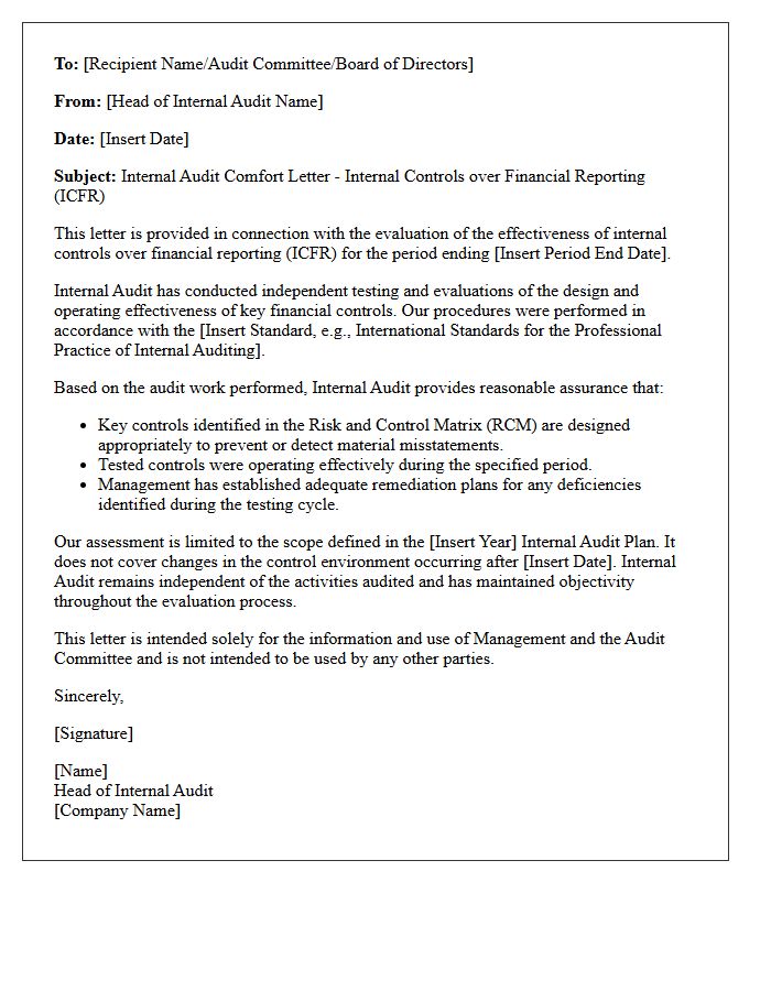 Internal Audit Comfort Letter on Financial Reporting Controls