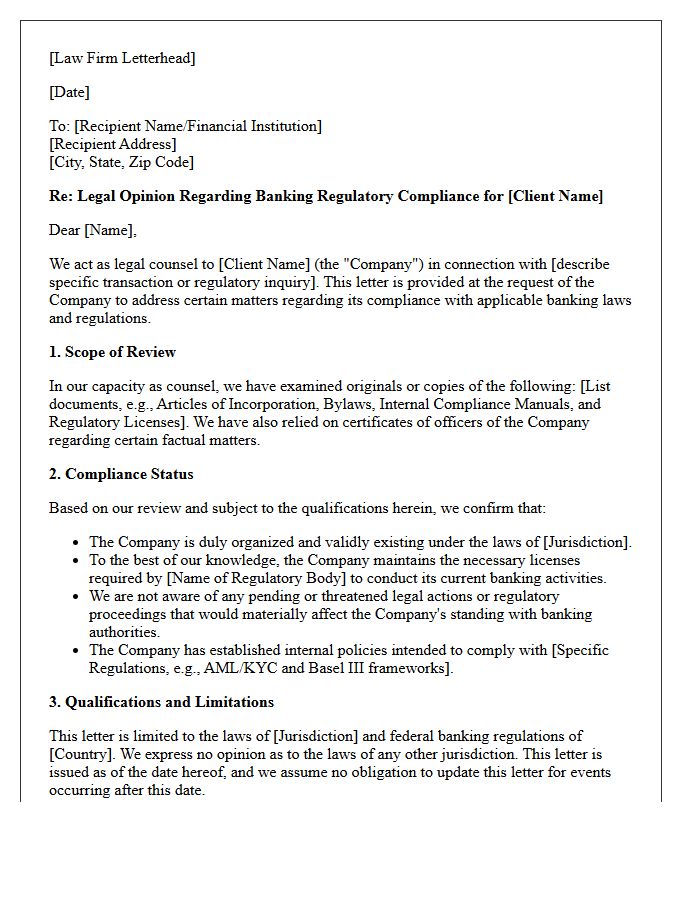 Legal Counsel Comfort Letter on Banking Regulatory Compliance