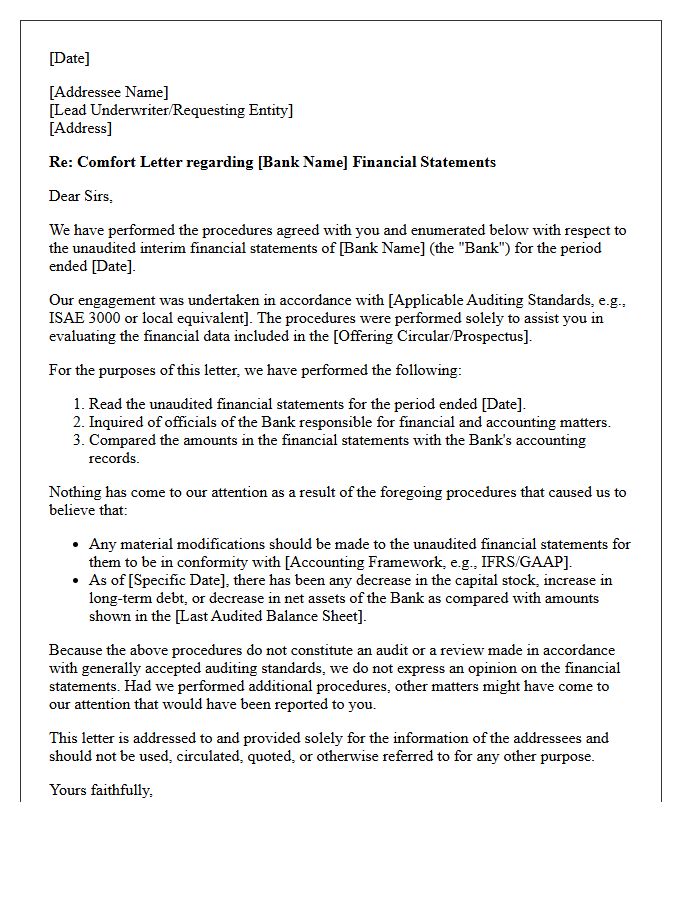 Negative Assurance Comfort Letter on Bank Financial Statements