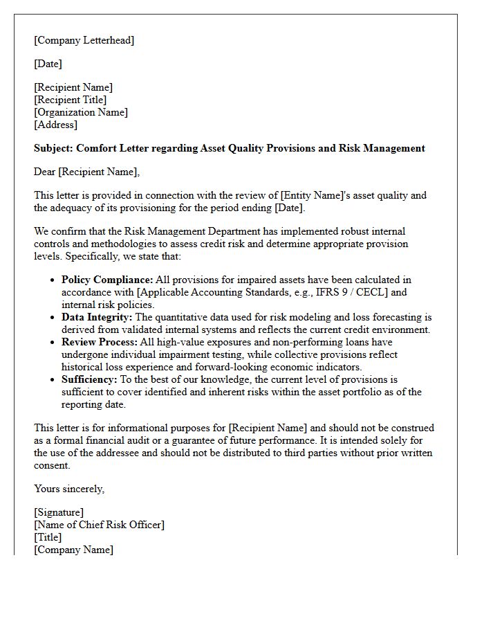 Risk Management Comfort Letter on Asset Quality Provisions