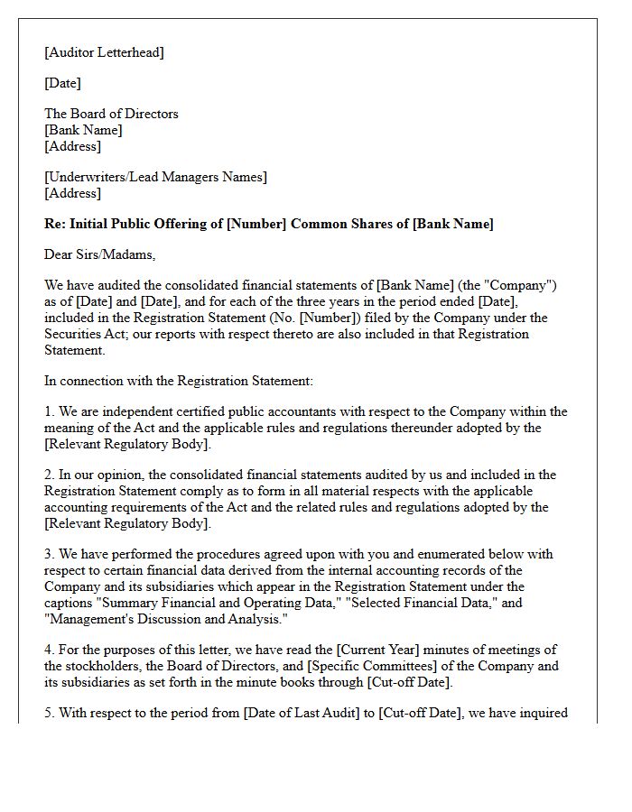 Standard Auditor Comfort Letter for Banking Initial Public Offerings