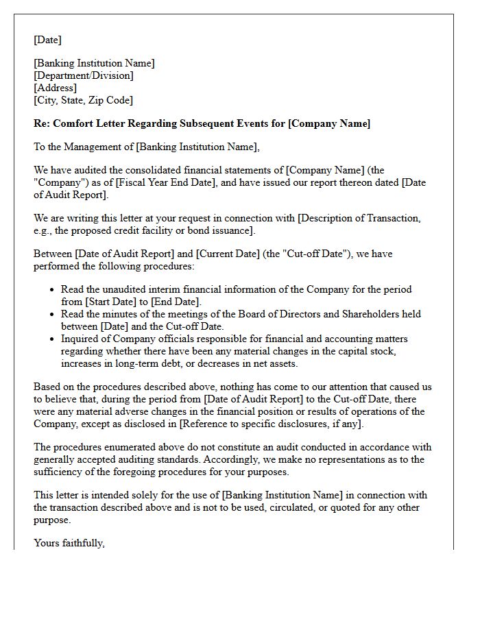 Subsequent Events Comfort Letter for Banking Institutions