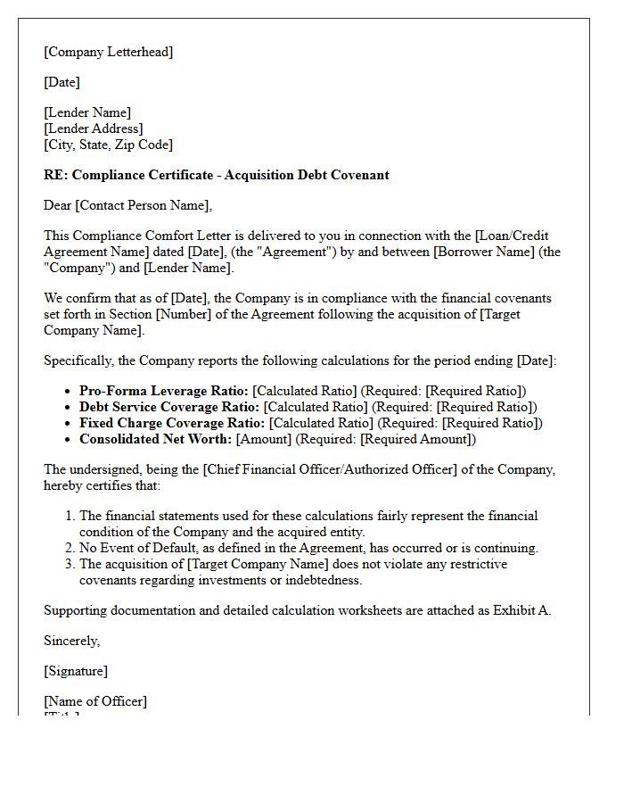 Acquisition Debt Covenant Compliance Comfort Letter