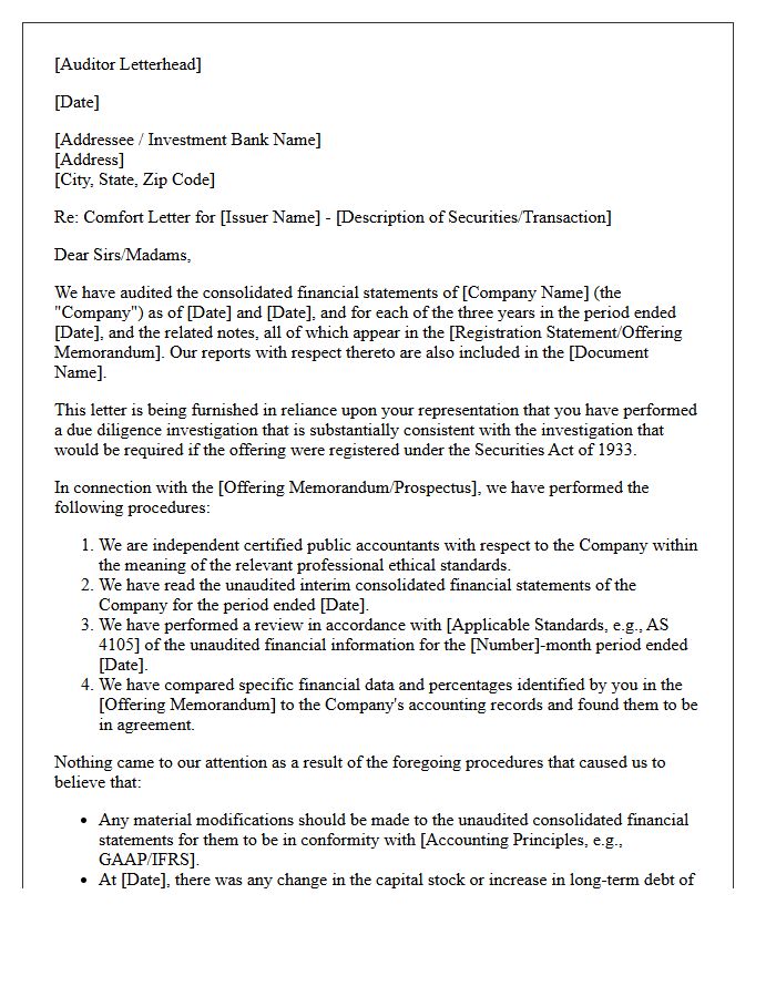 Auditor Financial Diligence Comfort Letter