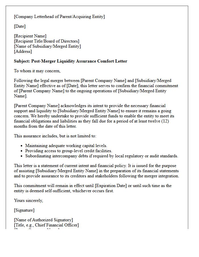 Post-Merger Liquidity Assurance Comfort Letter
