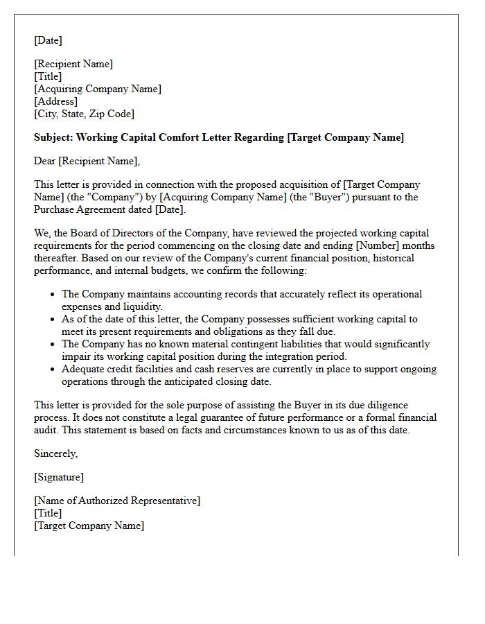 Pre-Acquisition Working Capital Comfort Letter