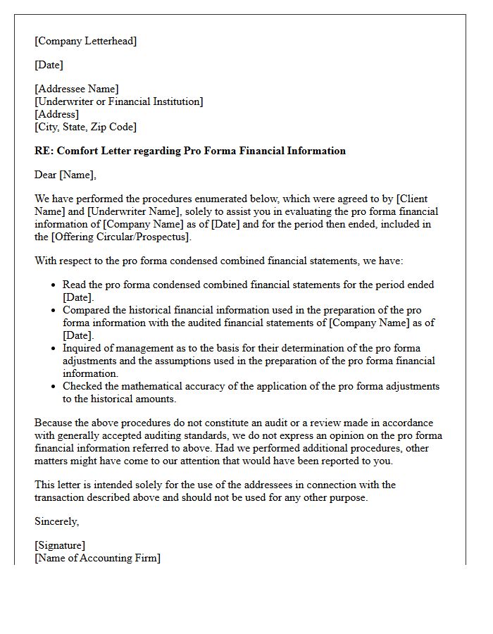 Pro Forma Financial Statement Comfort Letter