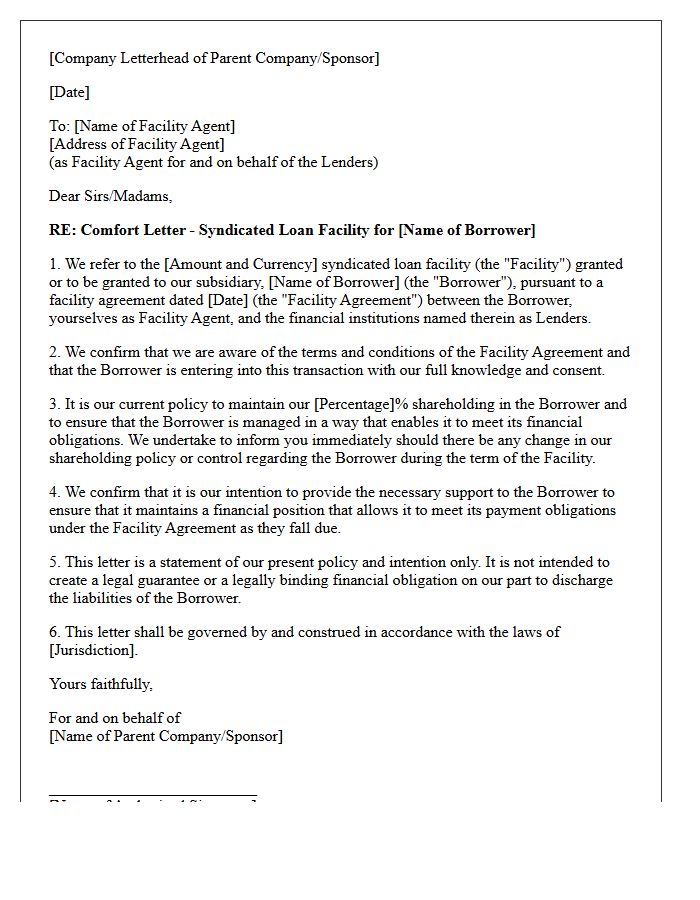 Syndicated Loan Facility Comfort Letter