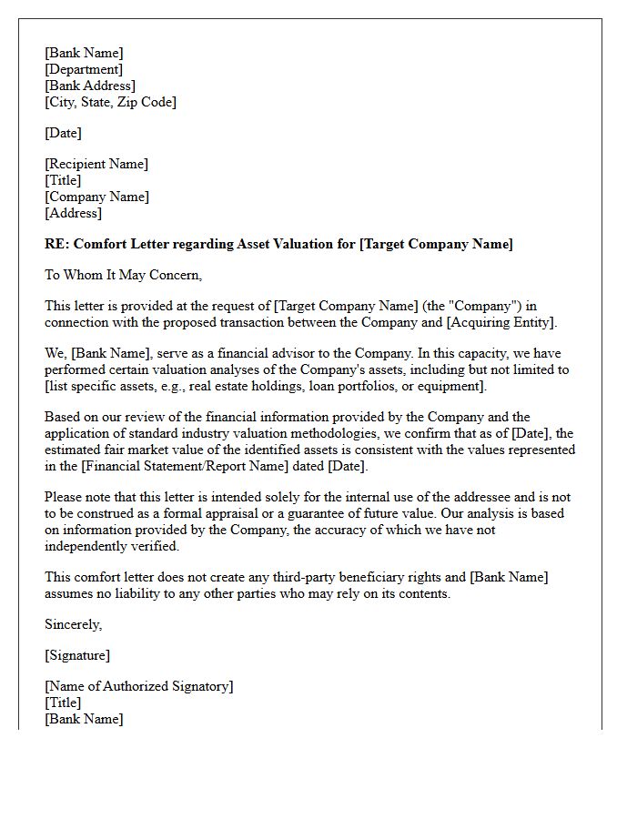 Target Bank Asset Valuation Comfort Letter