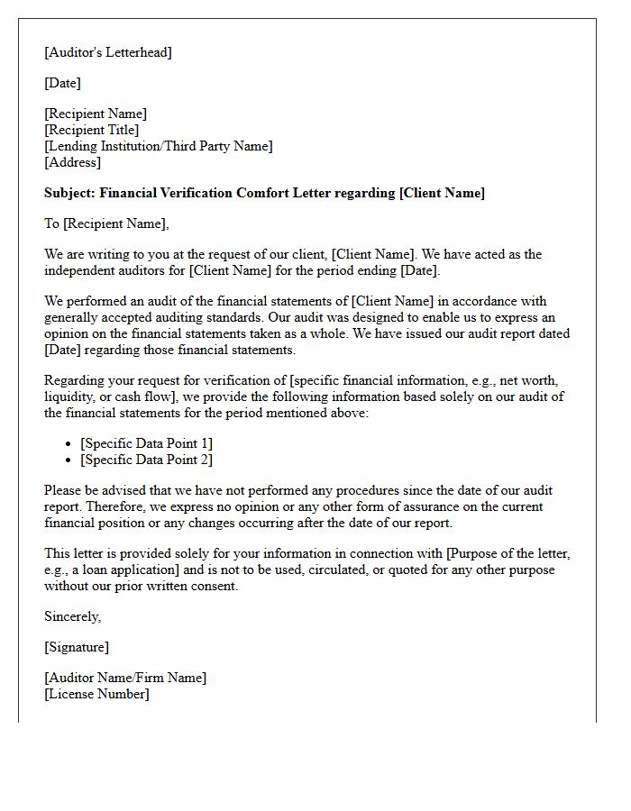 Auditor Financial Verification Comfort Letter