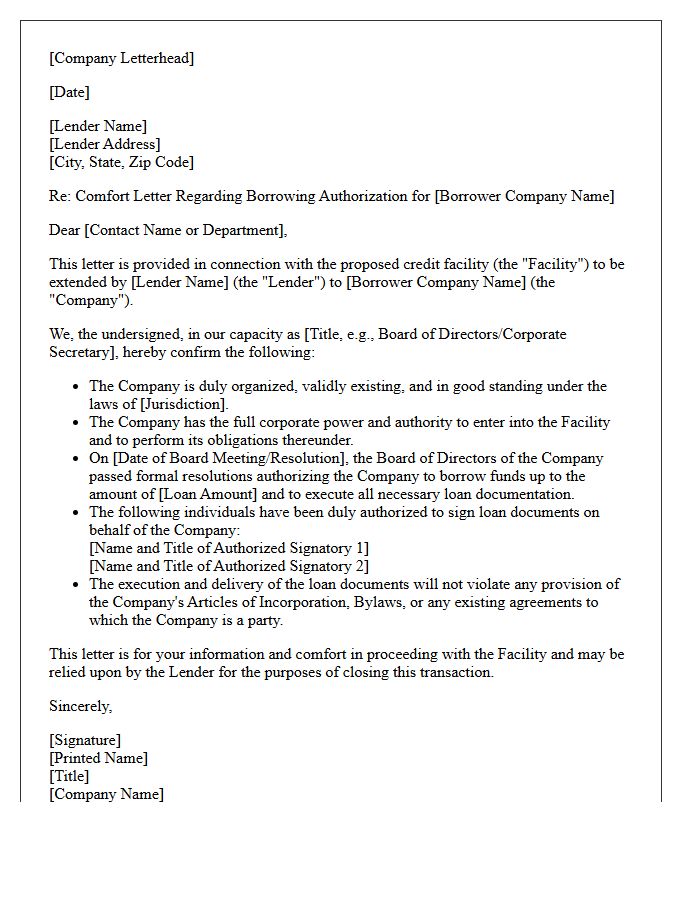 Corporate Borrower Authorization Comfort Letter