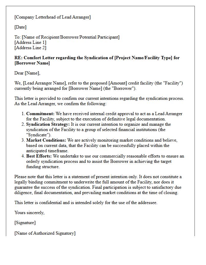 Lead Arranger Syndication Comfort Letter