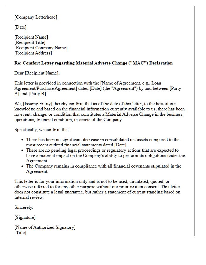 Material Adverse Change Declaration Comfort Letter