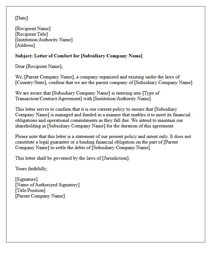 Parent Company Sponsorship Comfort Letter