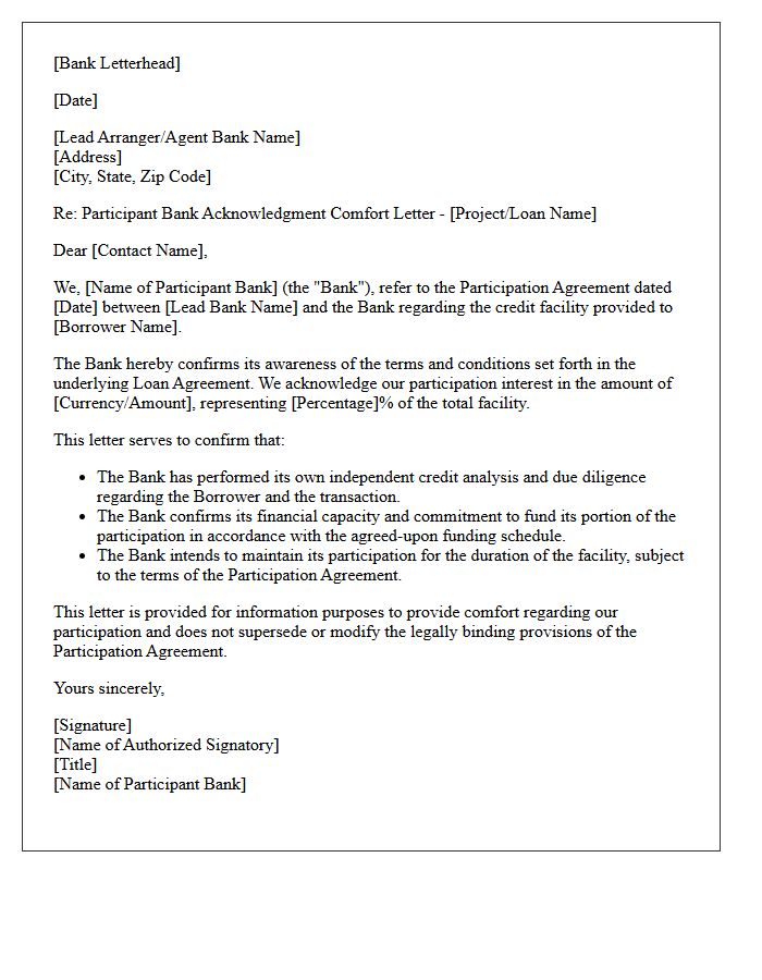 Participant Bank Acknowledgment Comfort Letter