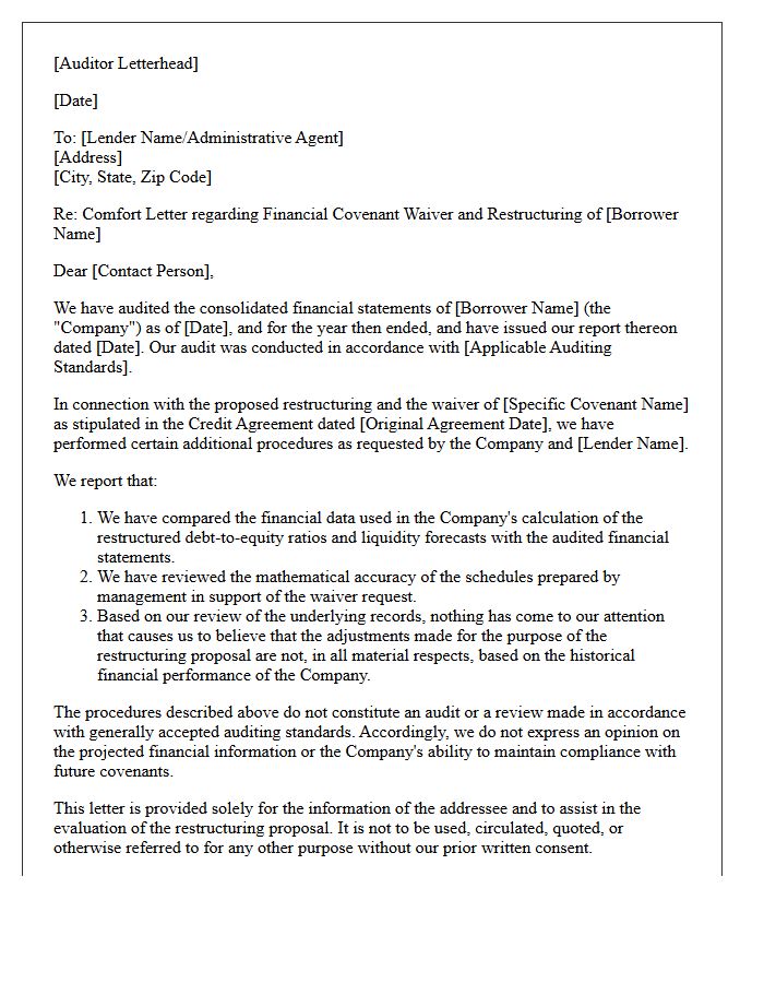 Auditor Comfort Letter for Financial Covenant Waiver Restructuring