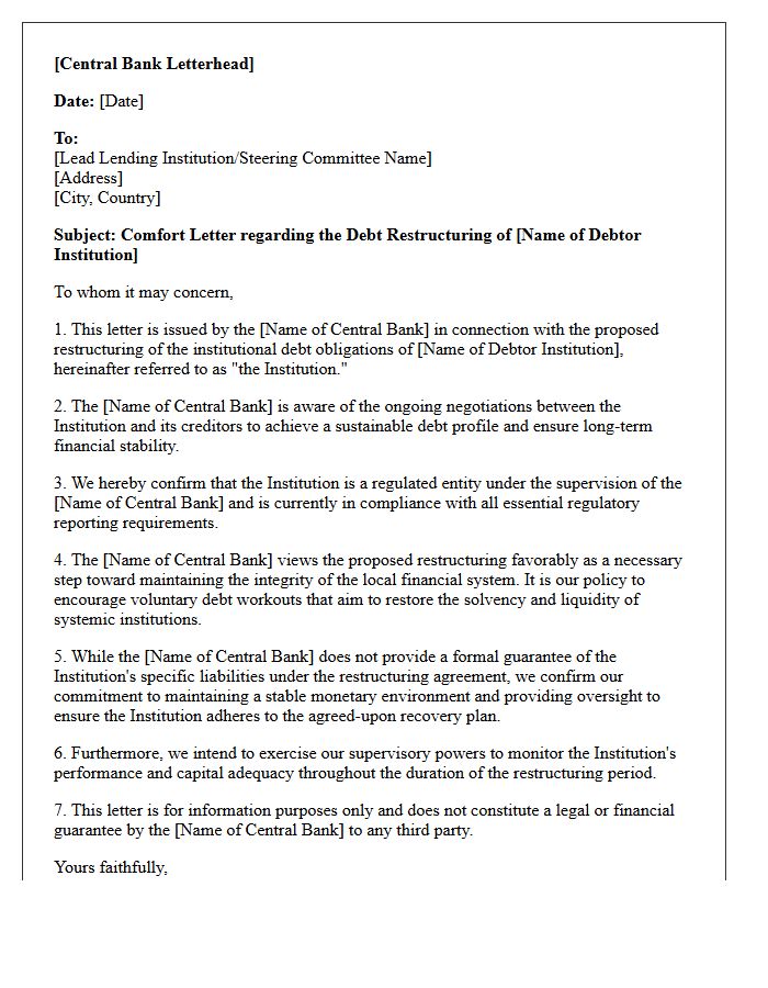 Central Bank Comfort Letter for Institutional Debt Restructuring