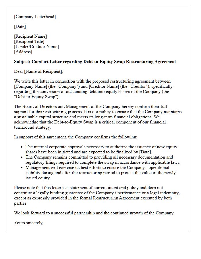 Comfort Letter for Debt-to-Equity Swap Restructuring Agreements