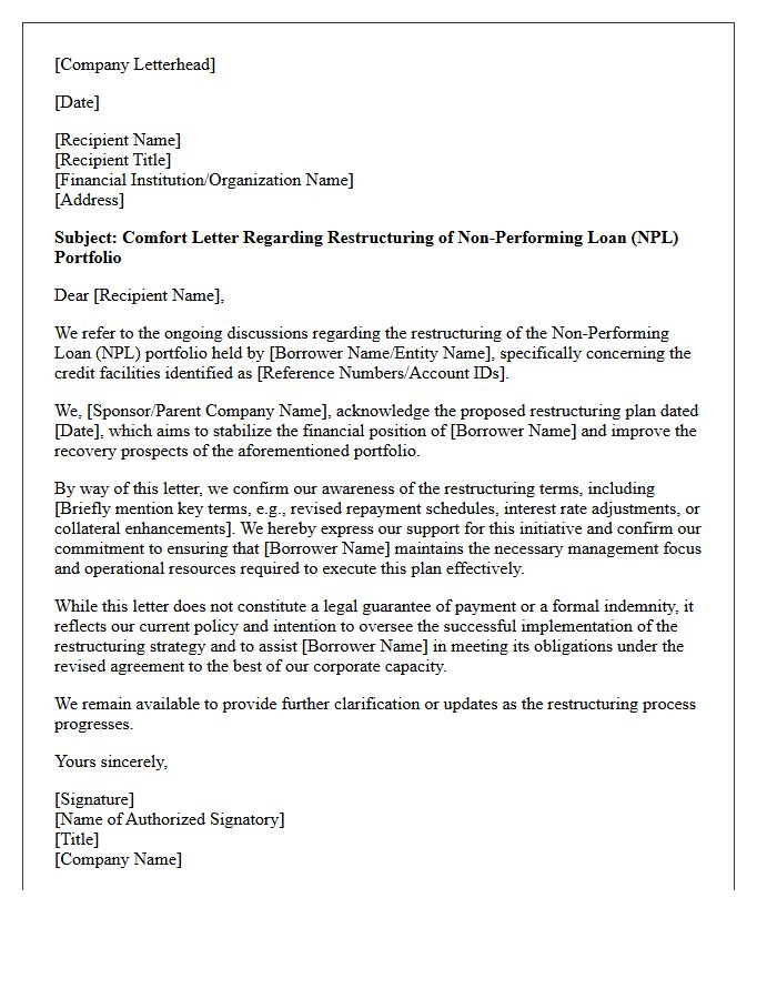 Comfort Letter for Non-Performing Loan Portfolio Restructuring