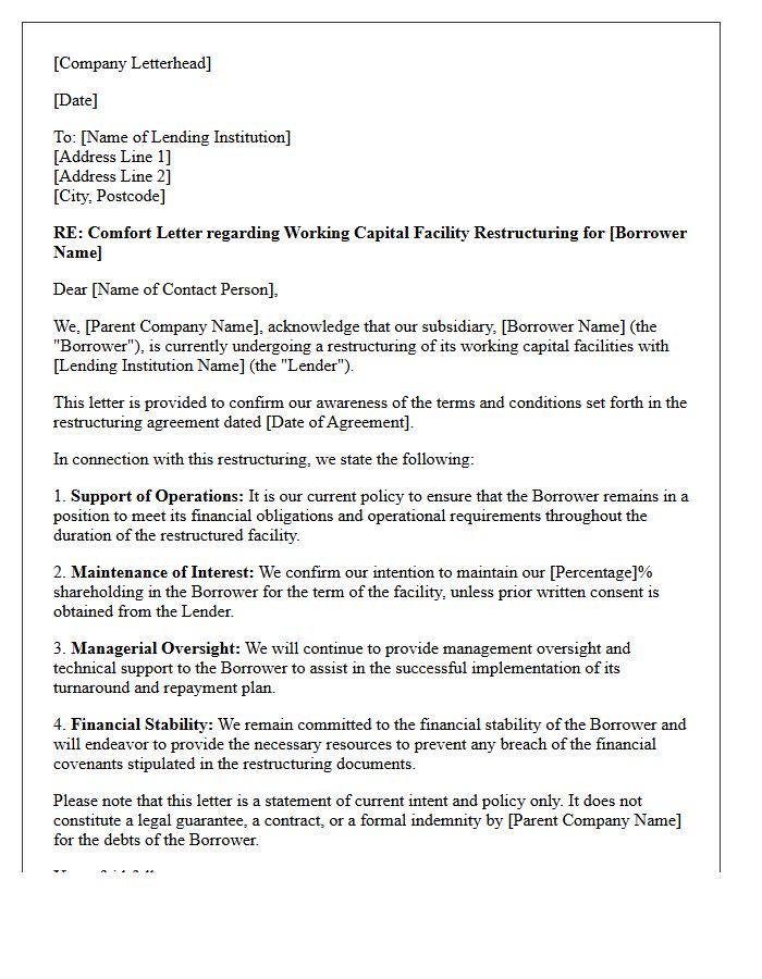 Comfort Letter for Working Capital Facility Restructuring
