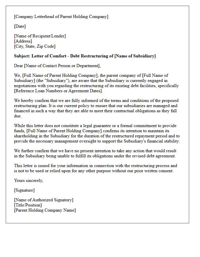 Holding Company Comfort Letter for Subsidiary Debt Restructuring