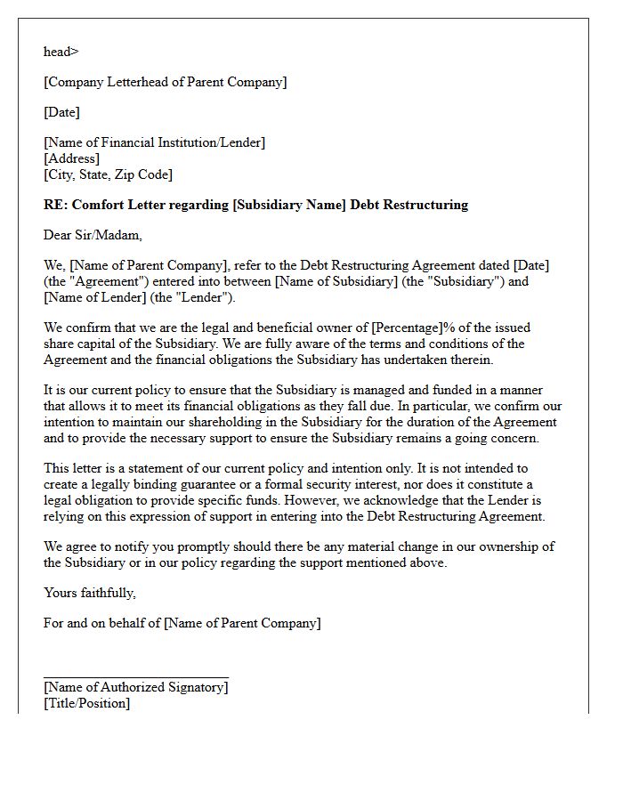 Parent Company Comfort Letter for Corporate Debt Restructuring Agreements