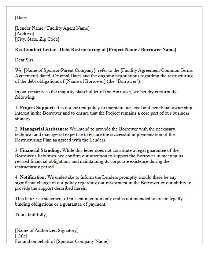 Sponsor Comfort Letter for Project Finance Debt Restructuring