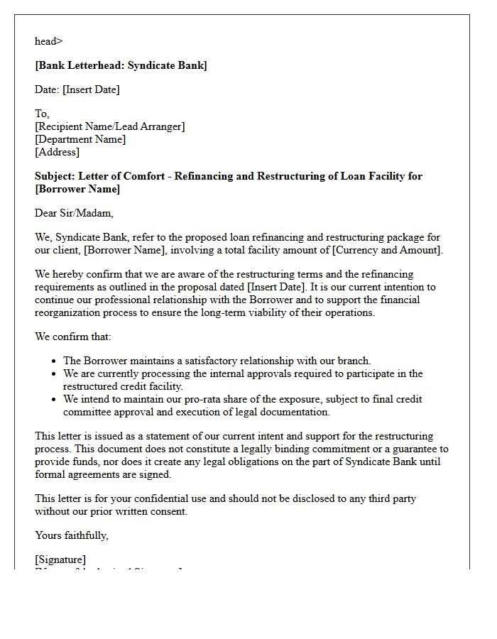 Syndicate Bank Comfort Letter for Loan Refinancing and Restructuring