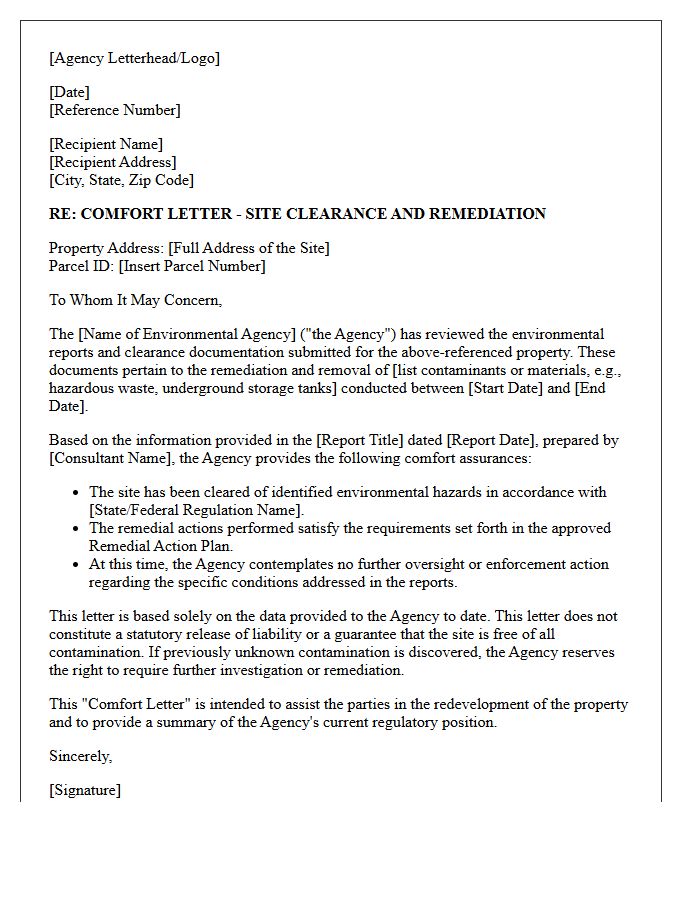 Environmental Agency Site Clearance Comfort Letter