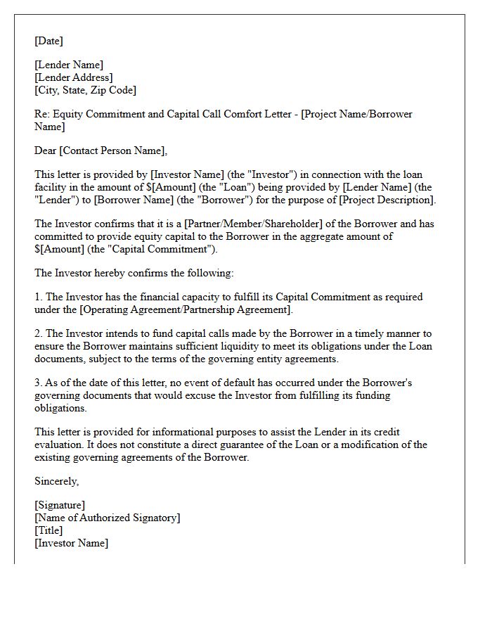 Equity Investor Capital Call Comfort Letter