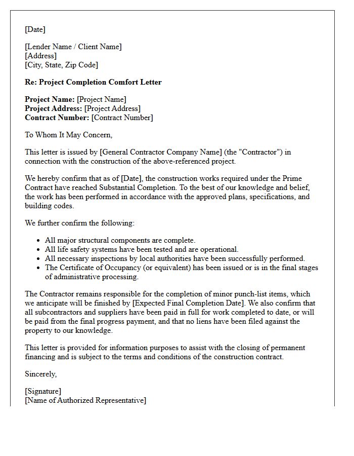 General Contractor Project Completion Comfort Letter