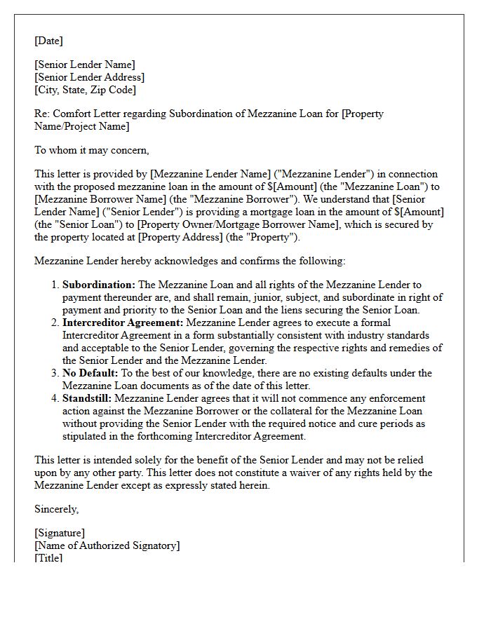 Mezzanine Lender Subordination Comfort Letter