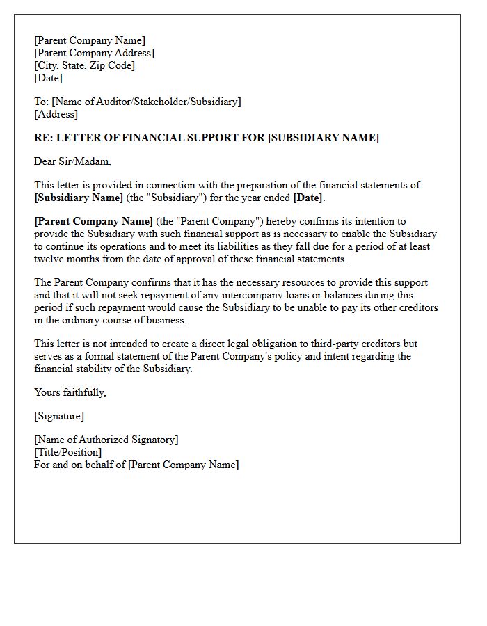 Parent Company Financial Support Comfort Letter
