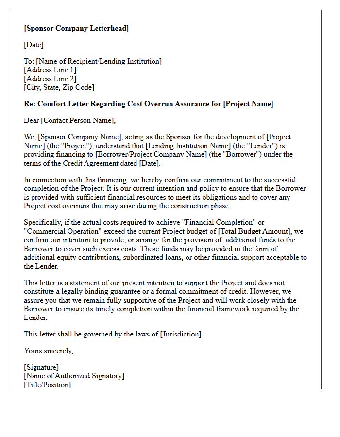 Sponsor Cost Overrun Assurance Comfort Letter