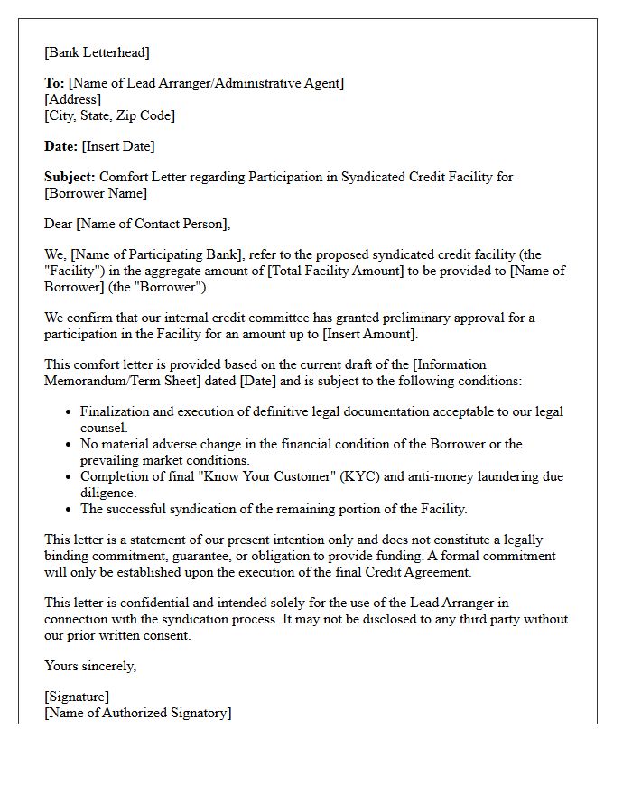 Syndicated Lending Bank Comfort Letter