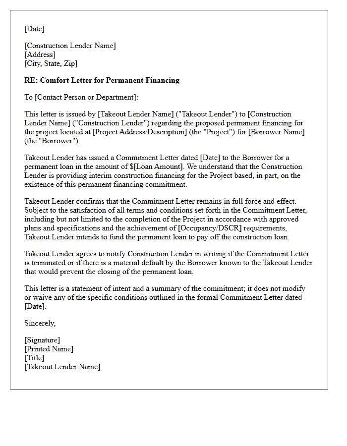 Takeout Lender Permanent Financing Comfort Letter