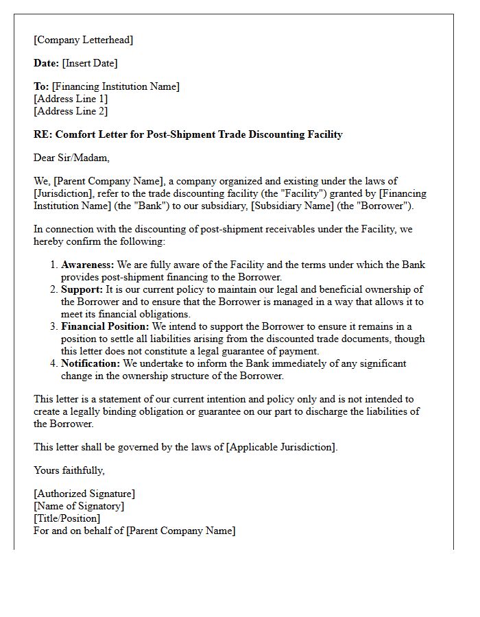 Corporate Comfort Letter for Post-Shipment Trade Discounting